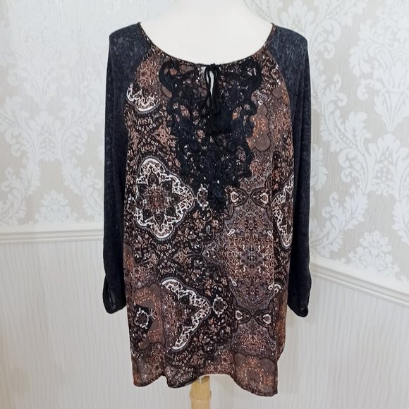 Gloria Vanderbilt Brown and Black Boho Top with Tassel Tie Size Medium - Picture 1 of 4